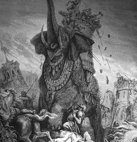 איור המתאר את הרגע בו דקר אלעזר את בטן הפיל האימתני