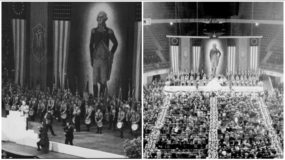 אירוע היסטורי מצמרר: עצרת נאצית שנערכה במדיסון סקוור גארדן בניו יורק, ב-20 בפברואר 1939. האירוע אורגן על ידי ה-German-American Bund (האיחוד הגרמני-אמריקאי), ארגון פרו-נאצי שפעל בארצות הברית לפני מלחמת העולם השנייה.