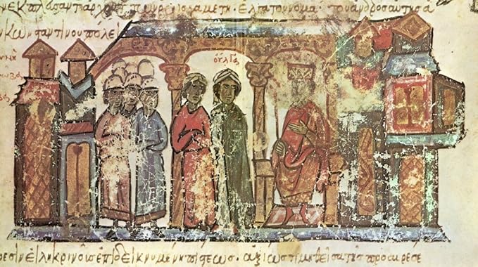 איור של הנסיכה אולגה מקייב מתקבלת בברכה בבית המשפט הקיסרי בקונסטנינופול 