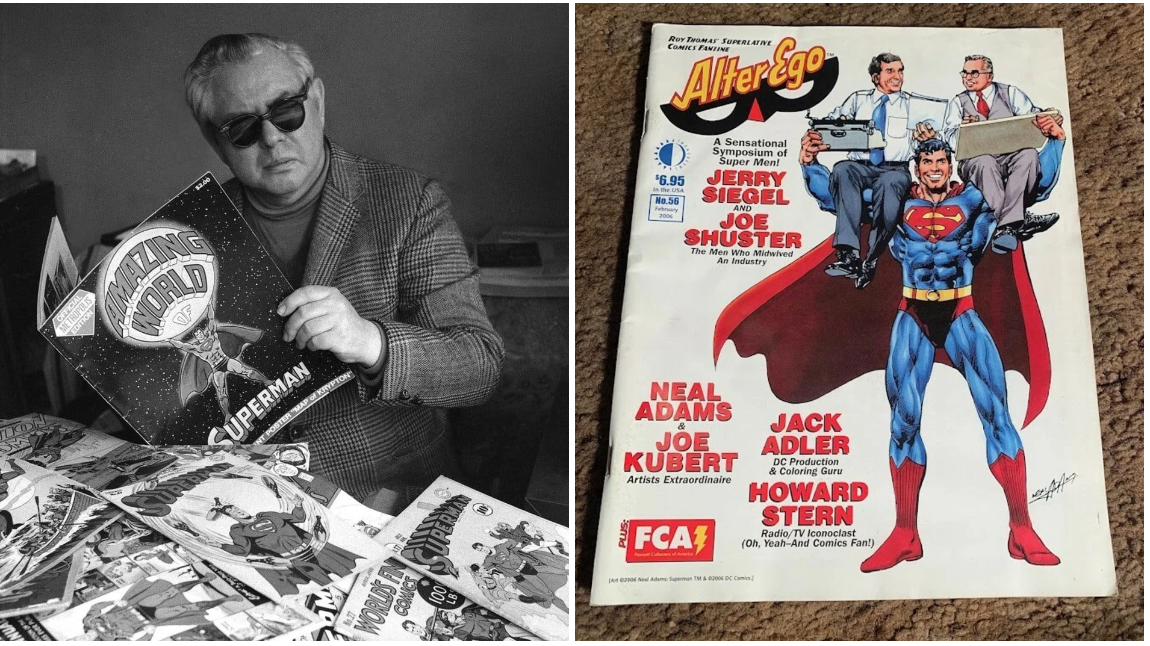 הכרת תודה וצדק: האיור שפורסם שנות ה-70 סופרמן: נושא על כפיו את ג'רי סיגל עם מכונת הכתיבה - וג'ו שוסטר האיש עם לוח הציור.בתקופה שבה אמנים כמו ניל אדמס נאבקו כדי ש-DC תעניק לסיגל ושוסטר קרדיט ופנסיה לכל החיים מאבק שהצליח בסופו של דבר - משמאל ג'ו שוסטר בערוב ימיו