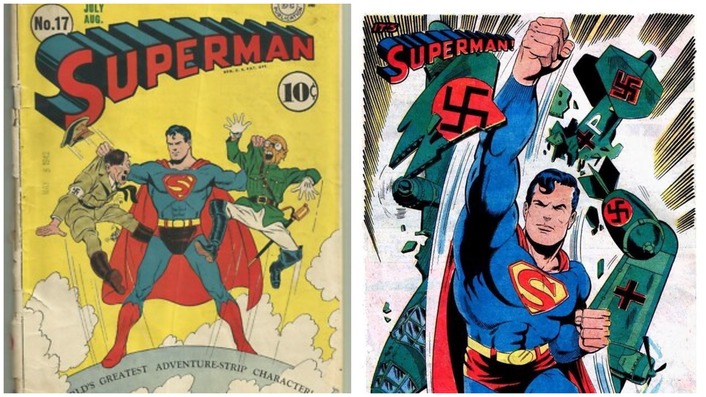 צייד הנאצים - כריכות הקומיקס בזמן מלחמת העולם השנייה - סופרמן מוחץ את הלופטוואפה וחונק את היטלר ואת הידקי טוג'ו, גנרל וראש ממשלת יפן באותה תקופה