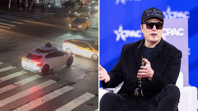 מימין אילון מאסק, משמאל רכב אוטונומי תקוע בהפסקת החשמל