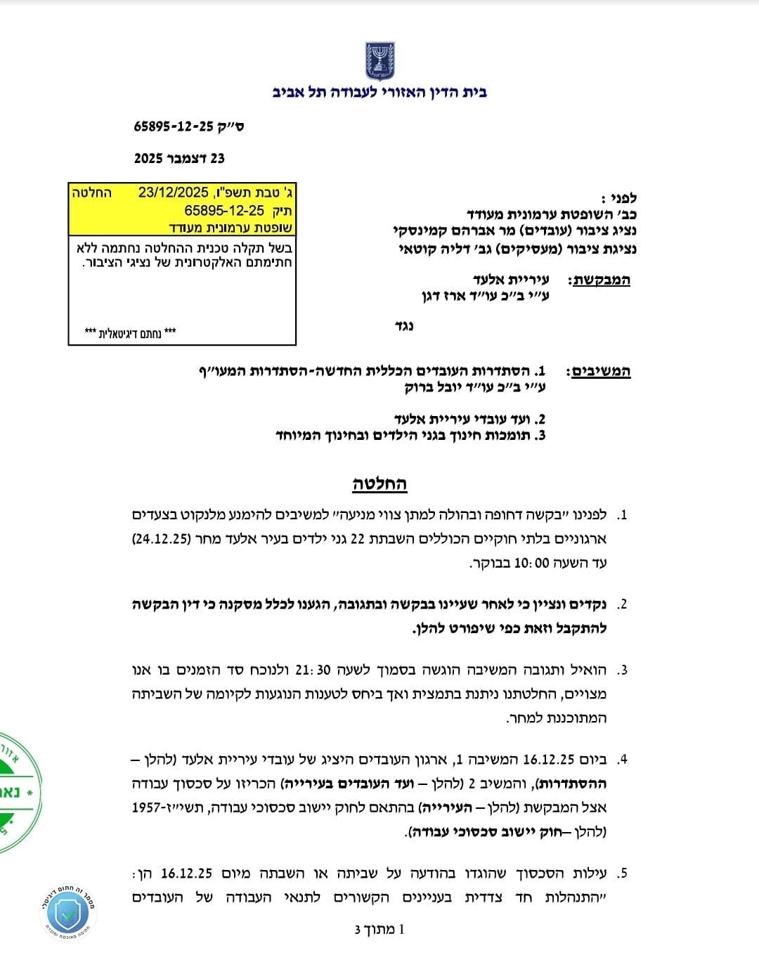 דרמה באלעד: בית הדין לעבודה הוציא צו מניעה נגד השביתה בעירייה