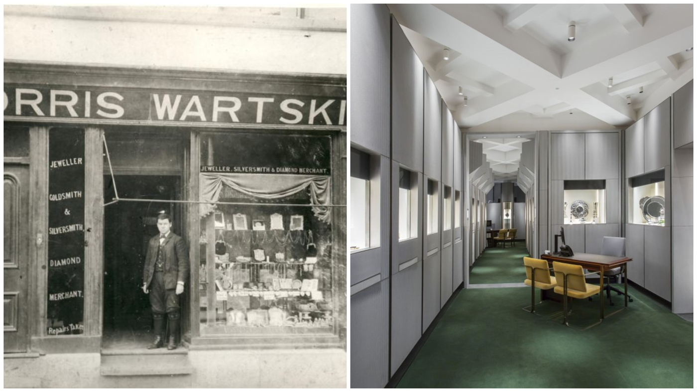  חברת "וורטסקי" (Wartski) אז והיום - עמנואל המייסד בפתח החנות ברחוב סנט ג'יימס 60, לונדון.