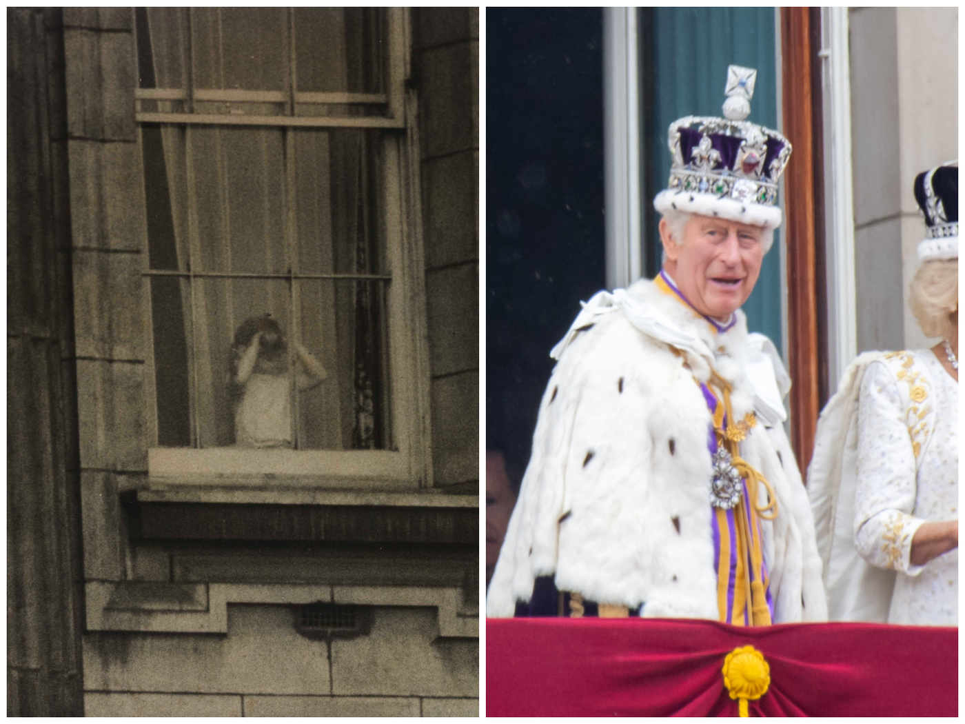 המלך צ'ארלס בהכתרתו - משמאל: משקיף מהארמון ביום הכתרת אמו