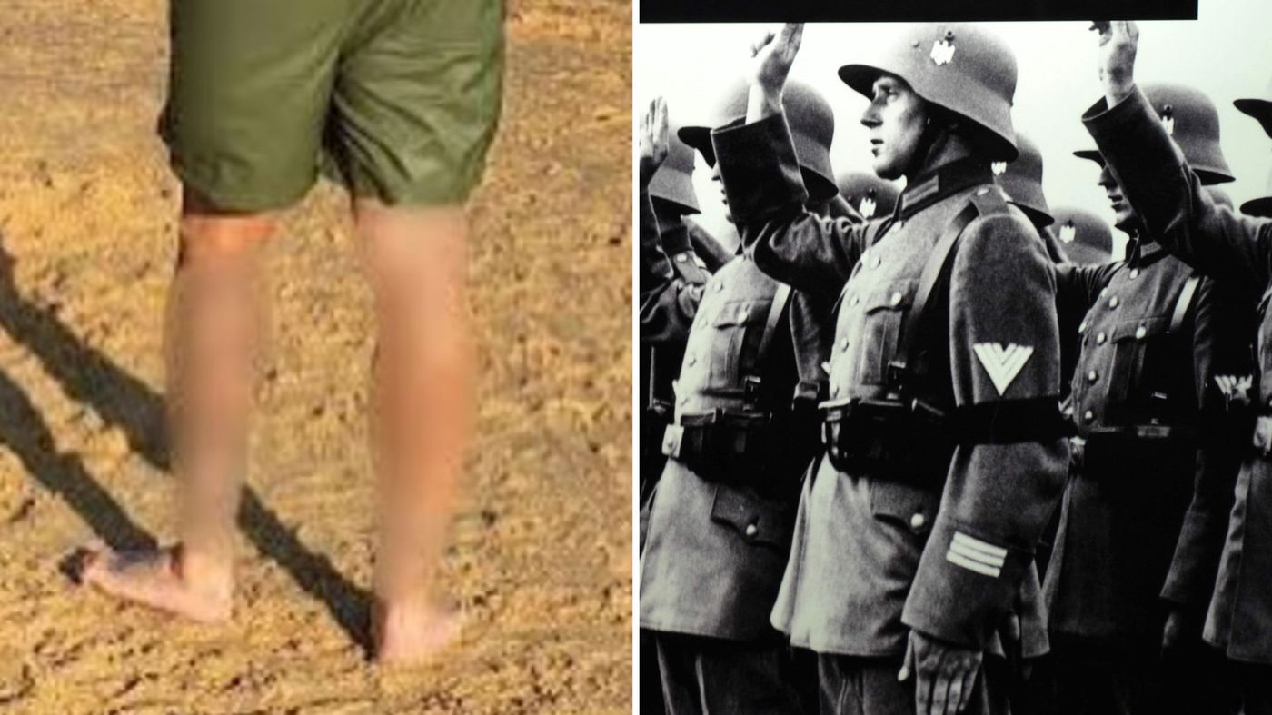 מימין חיילים נאצים, משמאל טשטוש של רגליו של הגבר שהציג קעקוע נאצי