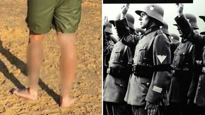 מימין חיילים נאצים, משמאל טשטוש של רגליו של הגבר שהציג קעקוע נאצי