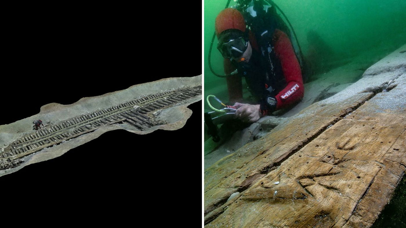 מימין הגרפיטי שאותר על הסירה, משמאל תיאור תלת מימדי של הסירה