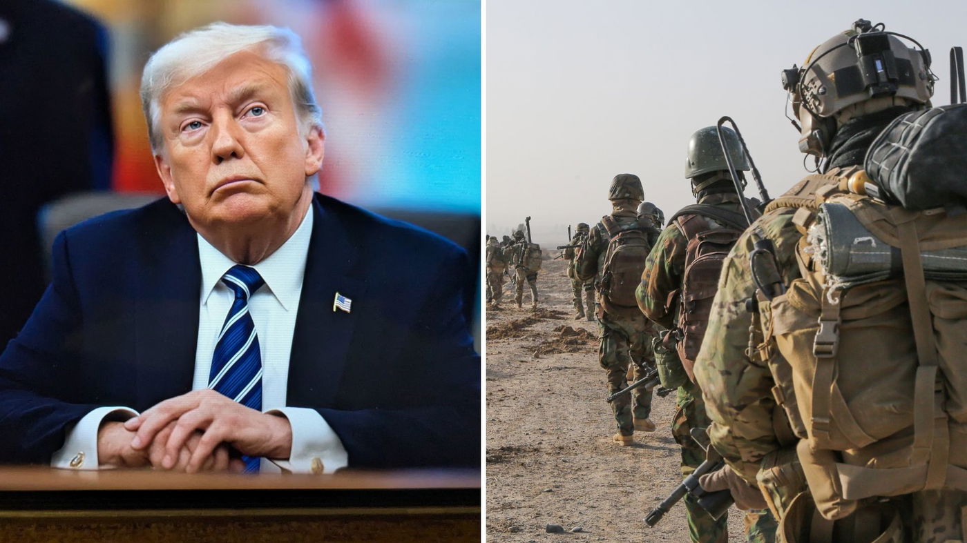 מימין חיילים בצבא ארה"ב, משמאל הנשיא טראמפ