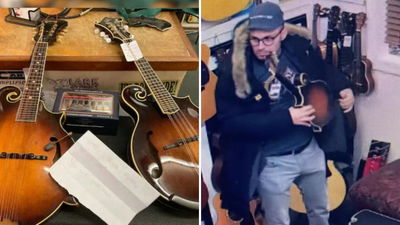 מימין הגנב נתפס במצלמות האבטחה, משמאל המנדולינות עם מכתב ההתנצלות