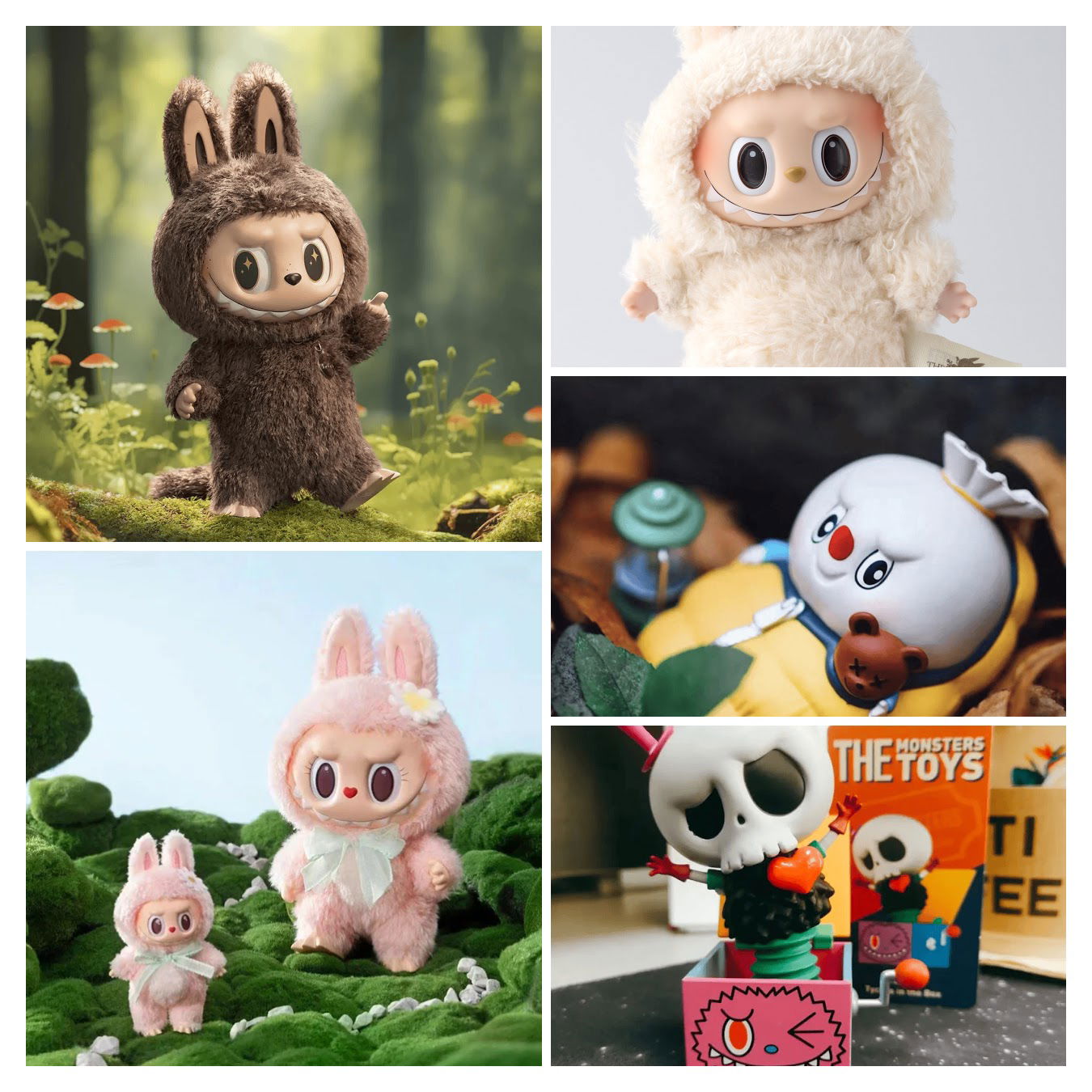 סוגי הלבובו (משמאל למעלה עם כיוון השעון): זימומו, לבובו, ספוקי, טייקוקו, מוקוקו