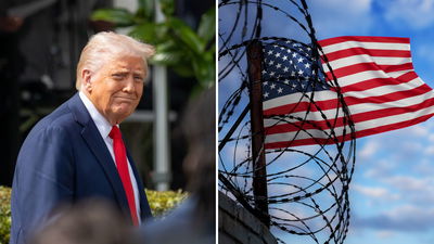 הנשיא טראמפ משמאל, גבול ארה"ב מימין. אילוסטרציה