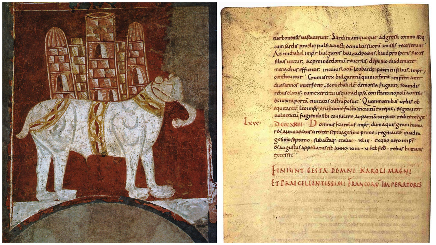 האנאלים של הממלכה הפרנקית, (814) כרוניקה רשמית המסודרת לפי שנים. מתעדת את ההיסטוריה של השושלת הקרולינגית, כולל אירועים כמו סיפור יצחק היהודי והפיל | "פיל ומבצר", ציור קיר מהמאה ה-12 אצור במוזיאון הפראדו במדריד, ספרד