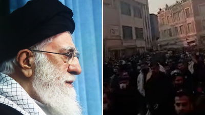 מימין המחאות באיראן, משמאל המנהיג עלי חמינאי