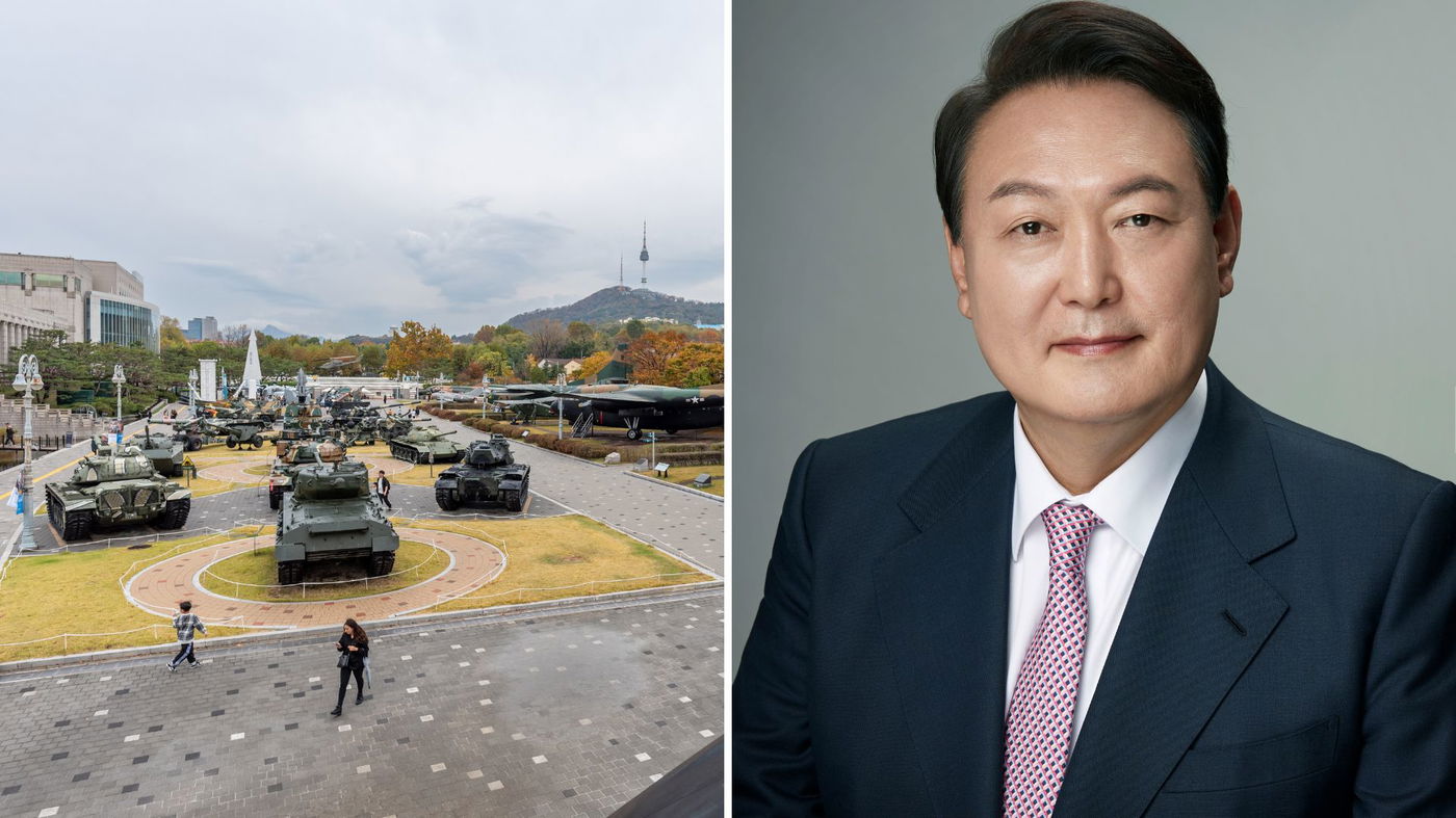 מימין הנשיא לשעבר יון סוק יאול, משמאל תערוכת נשק בסיאול, אילוסטרציה