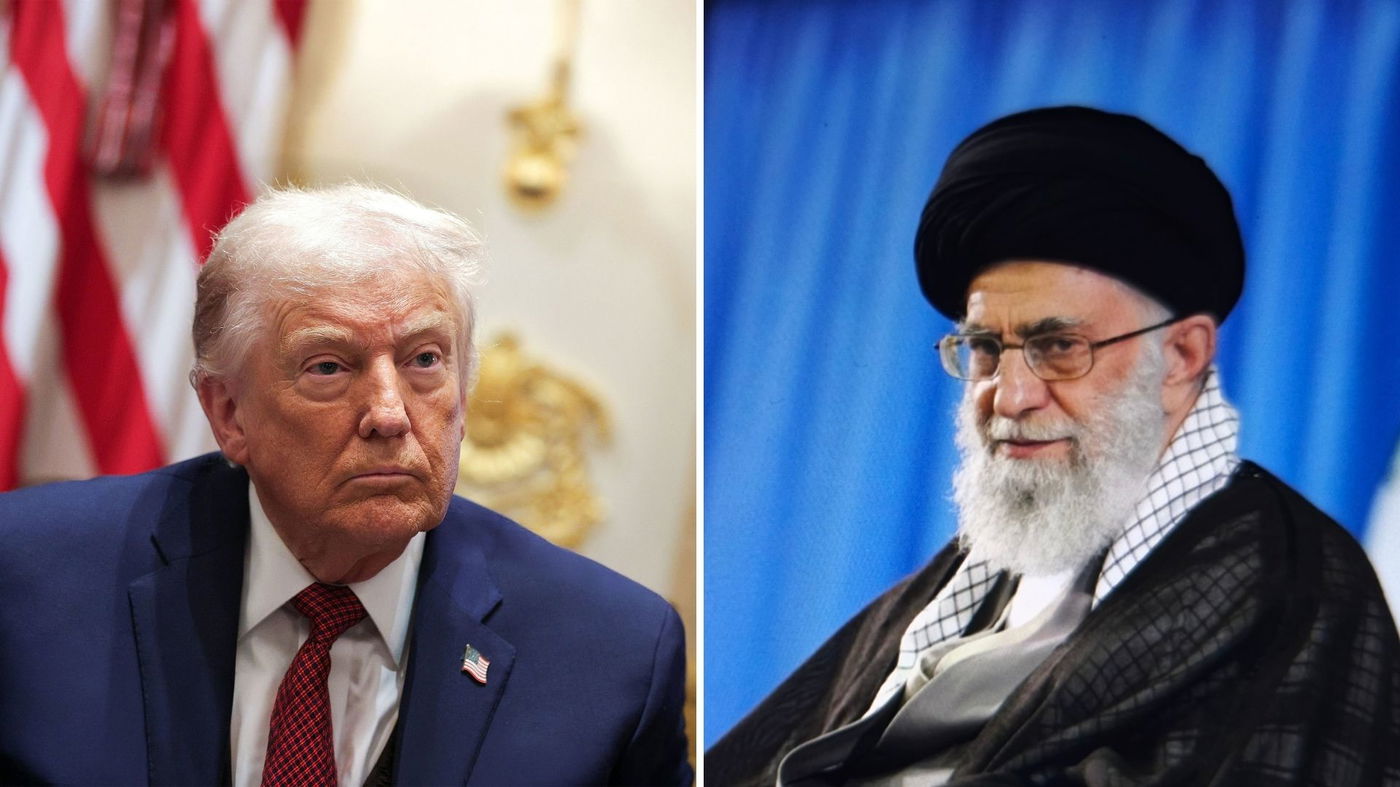 מימין המנהיג עלי חמינאי, משמאל טראמפ