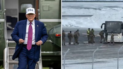 מימין החיילים המפונים, משמאל הנשיא טראמפ