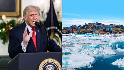 טראמפ משמאל, נוף בגרינלנד מימין