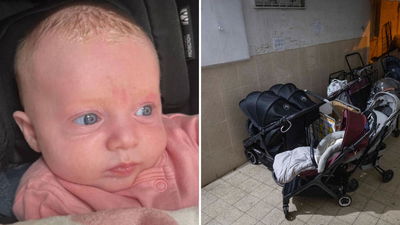 התינוקת ליה גולובנציץ משמאל, מימין הבניין בו היה המעון 