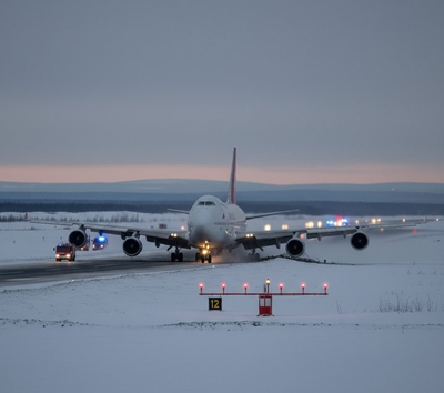 המטוס תקוע בשלג בצד המסלול
