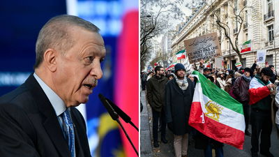 נשיא טוריקה ארדואן מימין, מחאות נגד המשטר האיראני בצרפת משמאל