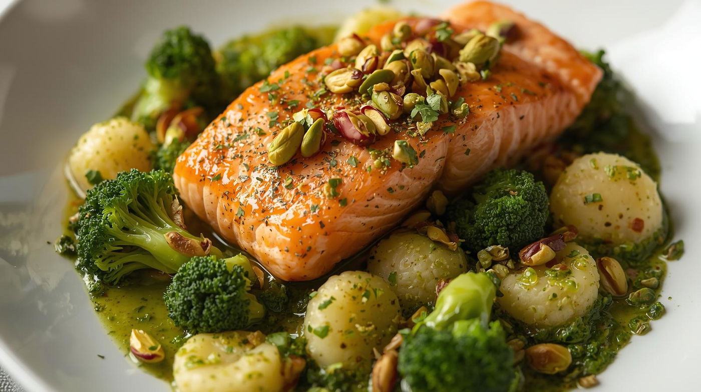 סלמון פסטו בתבנית אחת עם ברוקולי וניוקי