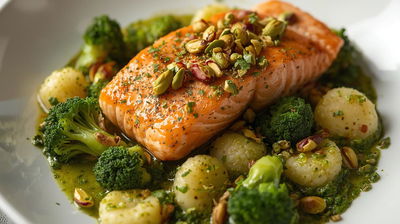 סלמון פסטו בתבנית אחת עם ברוקולי וניוקי