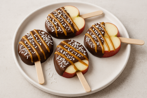 תפוחים קראנצ'יים בציפוי שוקולד מתפצפץ וקרמל נמס