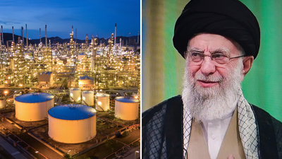 חמינאי מימין, שדות זיקוק נפט משמאל, אילוסטרציה