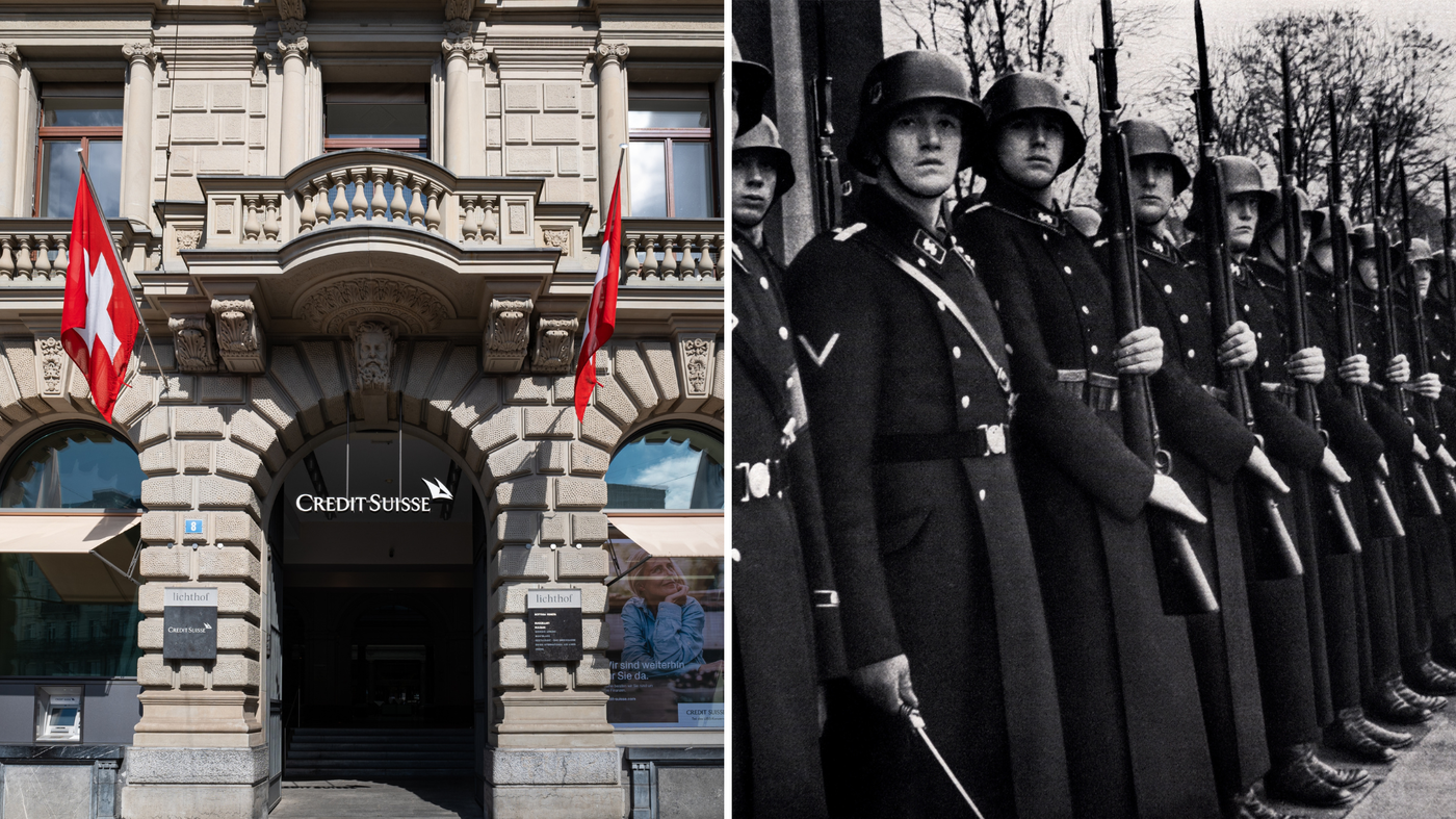 משמאל בנק קרדיט סוויס, מימין חיילים נאצים, אילוסטרציה