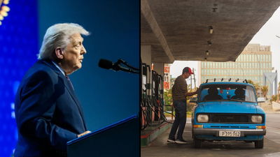 מימין תחנת דלק בקובה, משמאל הנשיא טראמפ