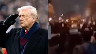 מימין מהמחאות, משמאל הנשיא טרמאפ