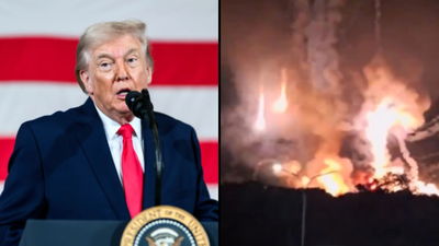 מימין התקיפה בונצואלה. משמאל הנשיא טראמפ נואם בבסיס