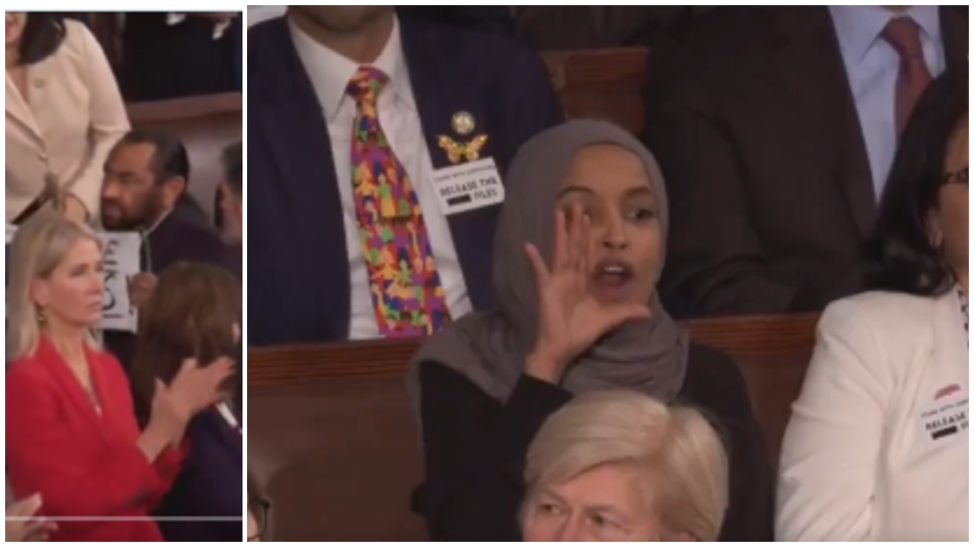 אילהאן עומר - במהלך הנאום | אך גרים עם השלט אנשים שחורים אינם קופים!