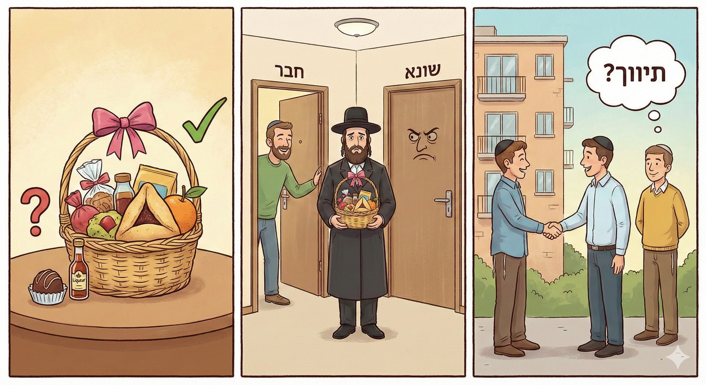 הדילמות ההלכתיות של פורים - למי לתת משלוח מנות, מה השיעור הנדרש, והאם מגיע דמי תיווך על היכרות קצרה?