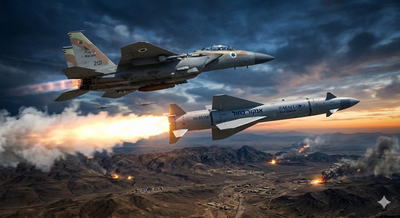 טיל ה"אנקור הכחול" (Blue Sparrow) מתוצרת רפאל עם מטוס ה-F-15I "רעם", רגע אחרי הפרידה המבצעית בשמי איראן המופגזים