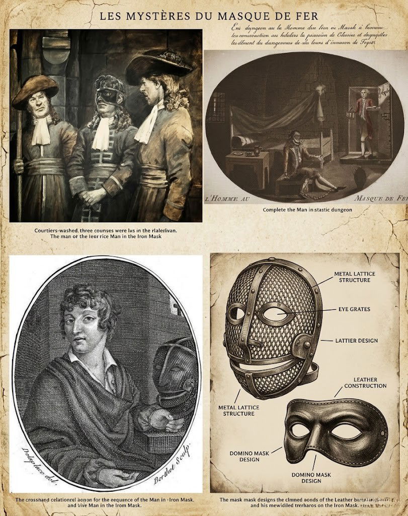 איורים שונים של המסכה, חלקם מציגים מסכת ברזל וחלקם בד