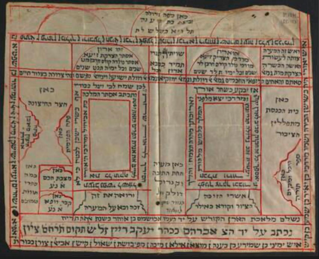 כתב־יד ובו תרשים מערת הקבורה של מרדכי ואסתר המלכה בהמדאן, משנת תרנ"ח (1898)