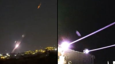 משמאל תיעוד ה'יירוט' שפורסם, מימין מערכת "אור איתן" בפעולה