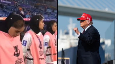 מימין הנשיא טראמפ, משמאל הספורטאיות שסירבו לשיר את ההמנון