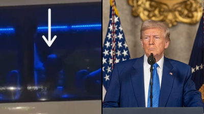 מימין הנשיא טראמפ, משמאל השחקניות מסמנות את אות המצוקה