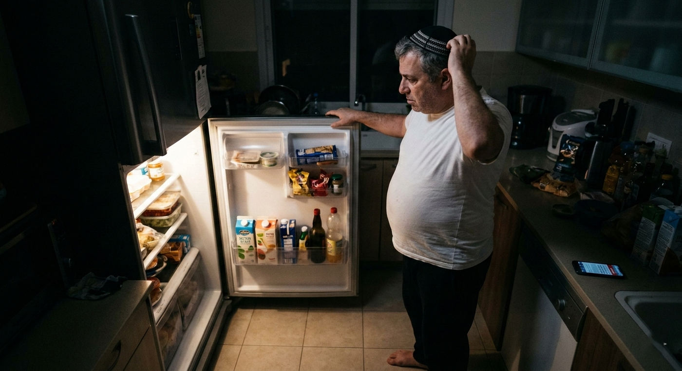 הוא עומד שם שוב, מואר באור המקרר הקר בזמן שהבית כבר חשוך