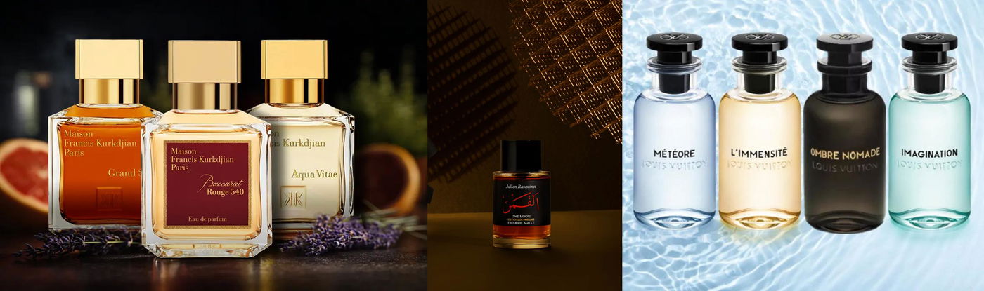 מימין: חלק מבשמי לואי ויטון. באמצע: דה מון של פרדריק מאל. משמאל: בשמים של MFK