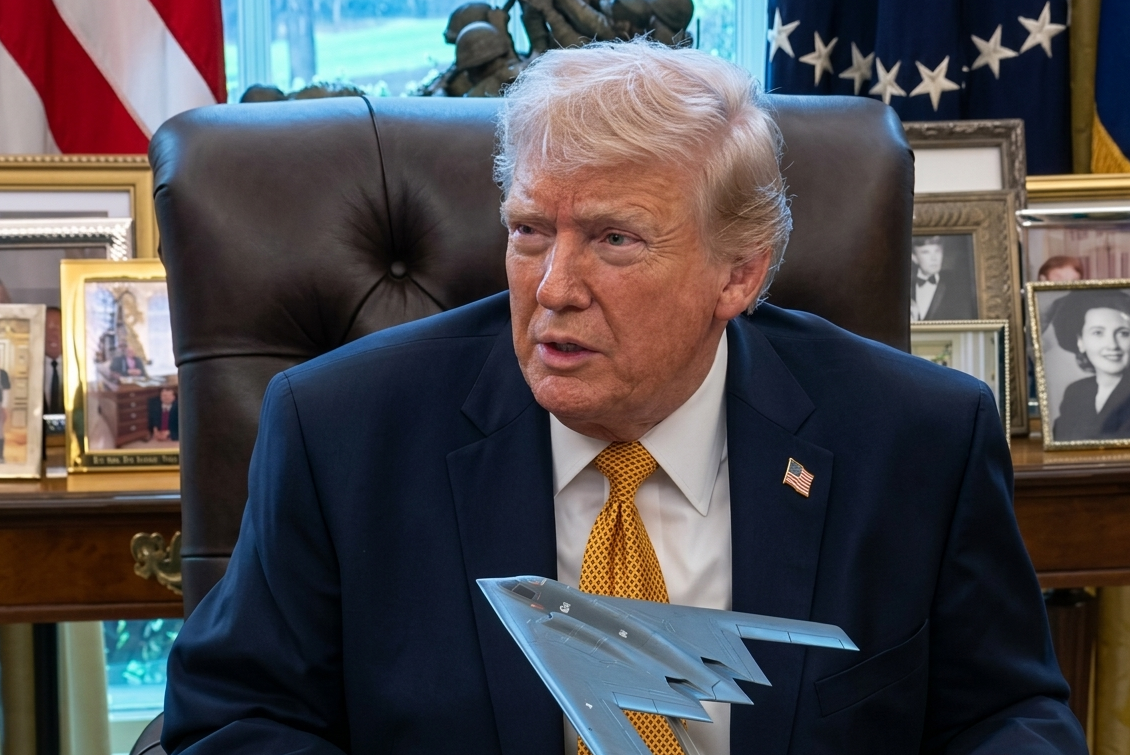 טראמפ בהצהרה עם דגם ה-B-2