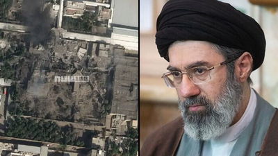 מימין מוג'תבא חמינאי, משמאל הבניין בו חוסל אביו עלי