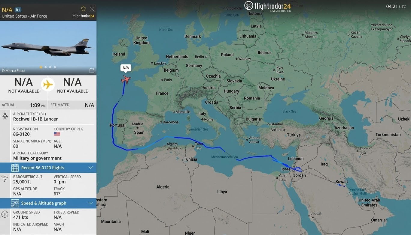 נתוני ADS-B מראים כי מפציצים של חיל האוויר האמריקאי המבצעים משימות תקיפה על איראן מאנגליה נמנעים לחלוטין ממרחב האווירי של אירופה