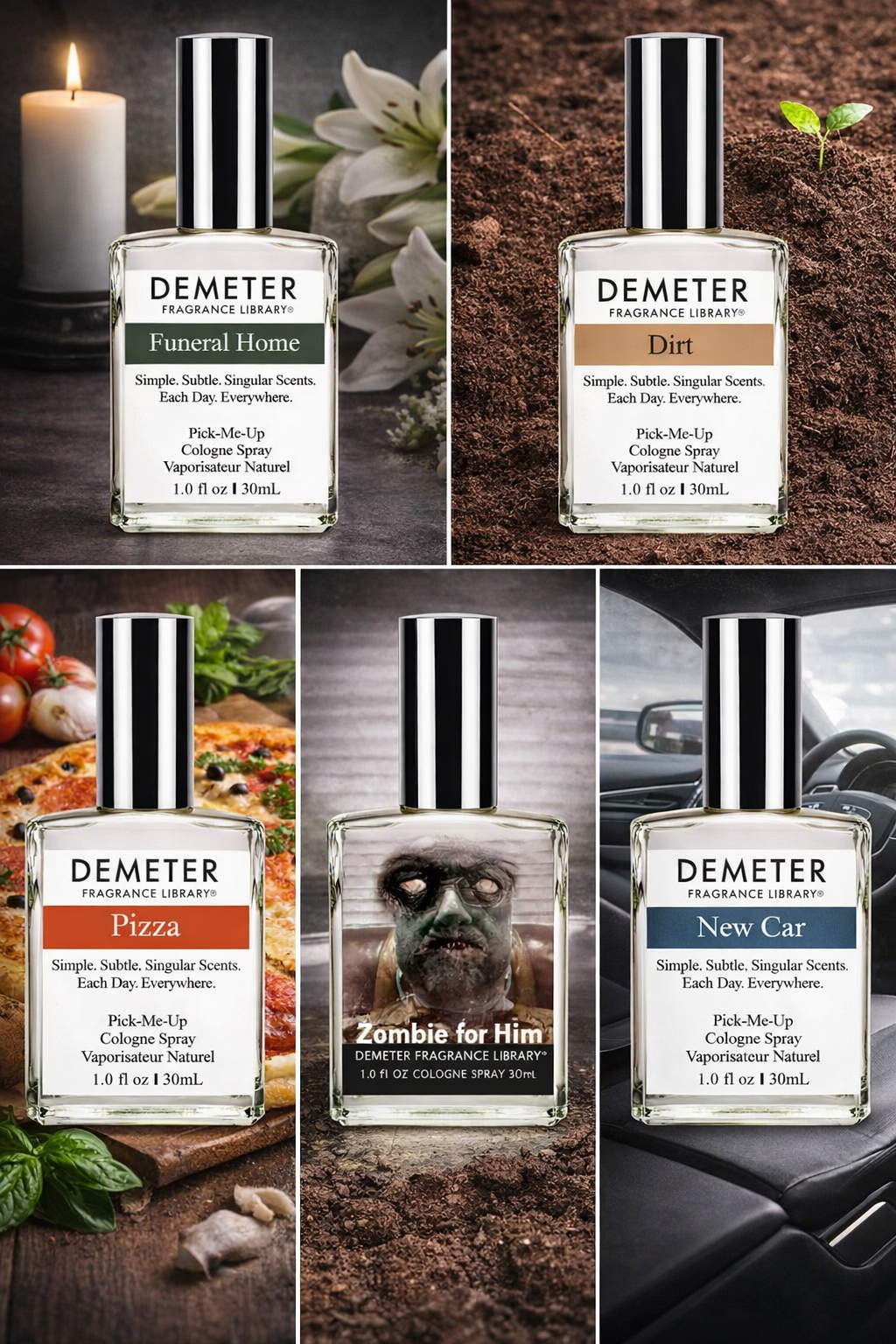 משמאל למעלה עם כיון השעון: בית הלוויות, אדמה, פיצה, זומבי, רכב חדש