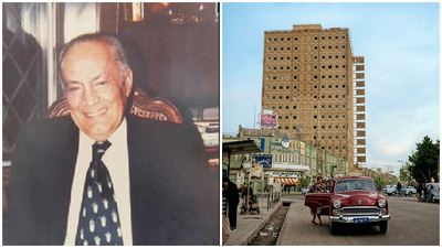  התעשיין והפילנתרופ יהודי-איראני חביב אלקניאן לצד גורד השחקים פלאסקו שבטהראן