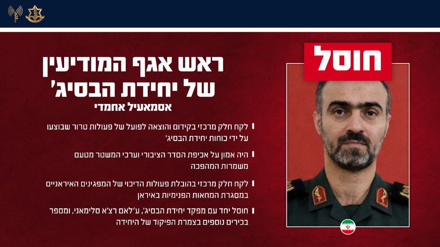 יחד עם מפקד היחידה: צה"ל חיסל את ראש אגף המודיעין של יחידת הבסיג' בטהרן