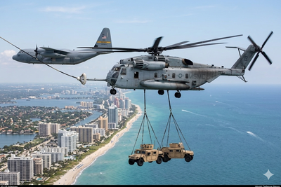 ניסוי הקצה במיאמי: המסוק נושא רכבי שטח בזמן שהוא מתחבר למיכלית דלק באוויר"